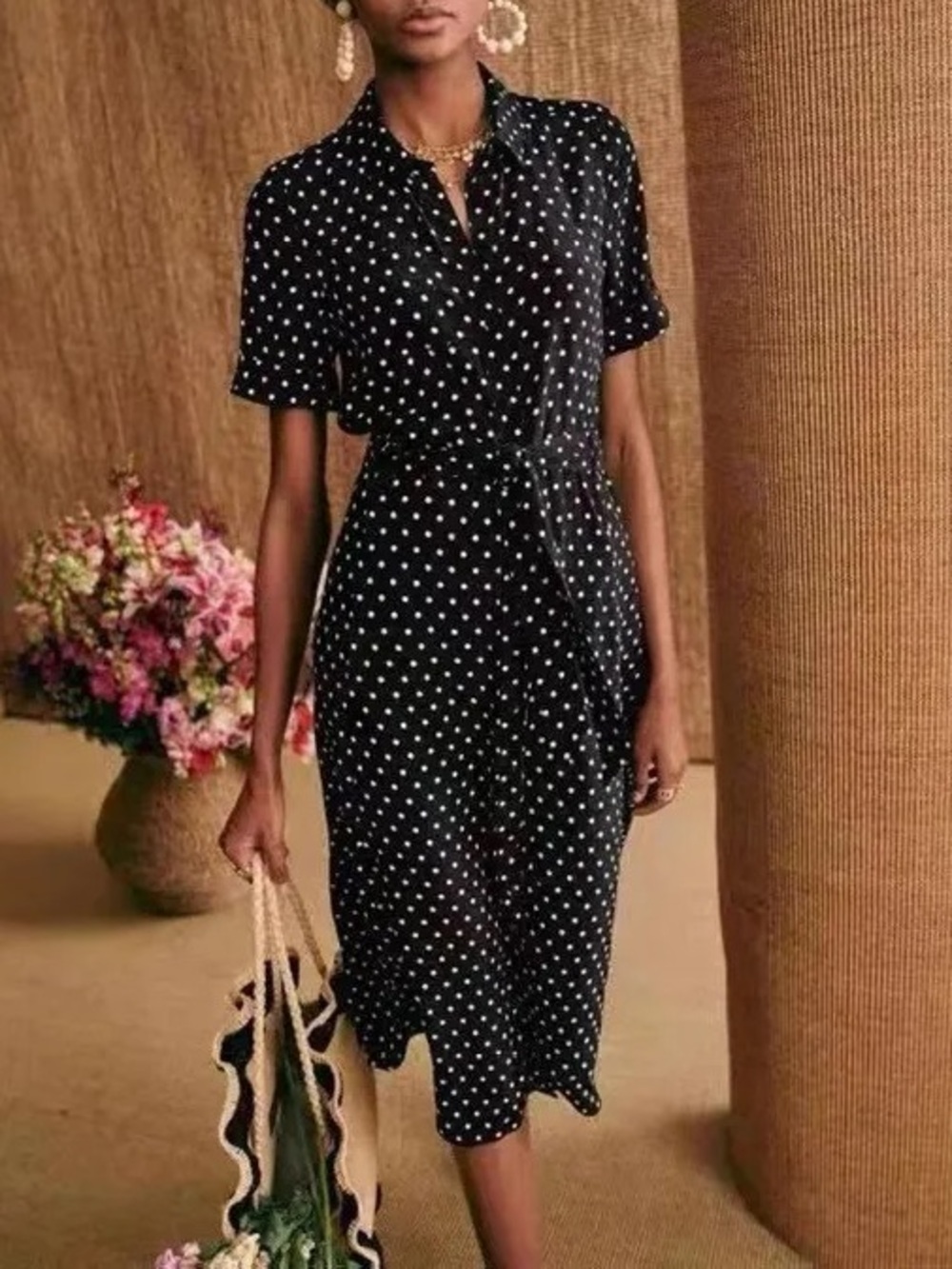 SEZANE Black & White Polka Dot Printed Belted Button Down Adele Shirt Dress - Picture 3 of 12